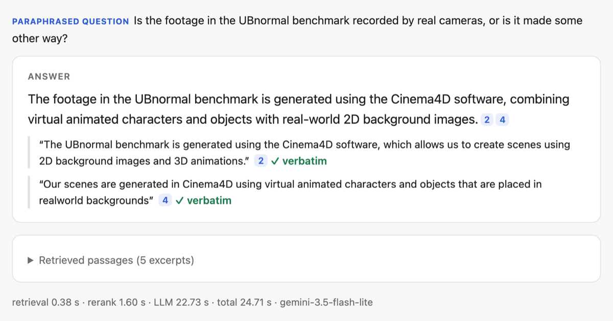 A paraphrased question about the UBnormal benchmark, answered with two quotes, each marked verbatim