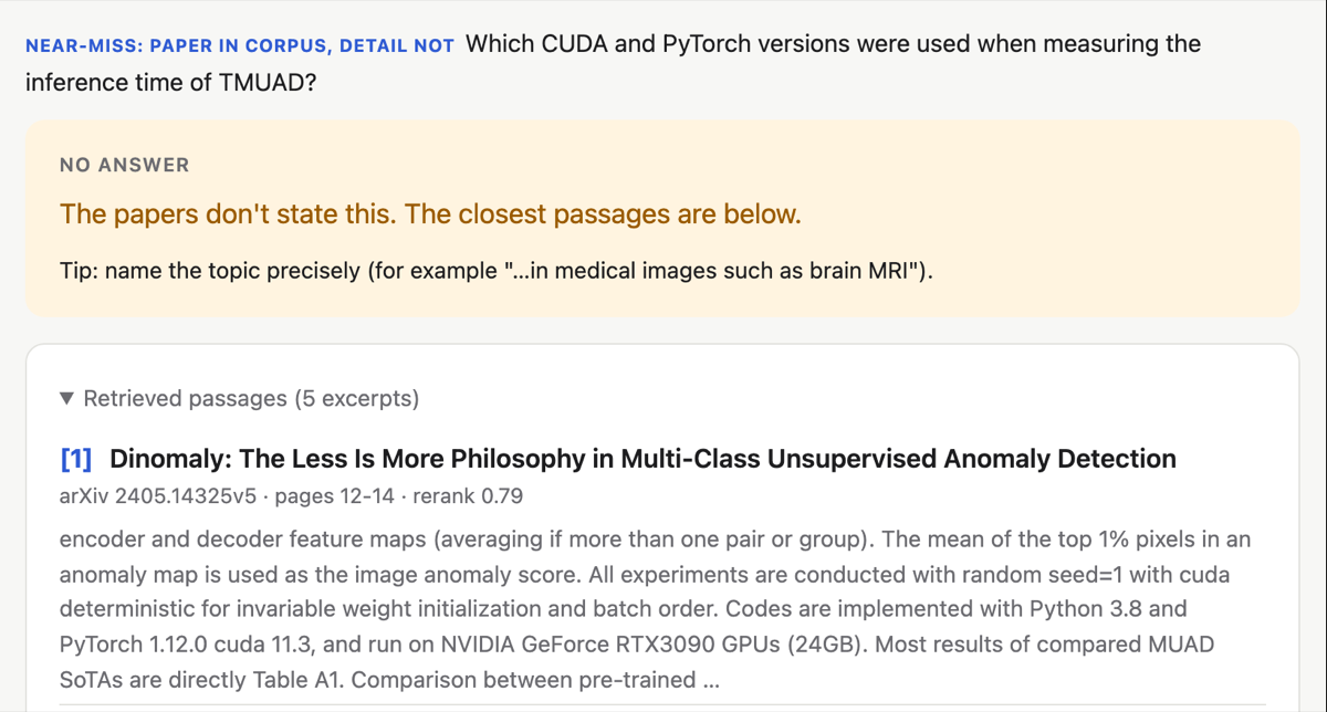 A near-miss question about CUDA and PyTorch versions for TMUAD, answered with: the papers don't state this